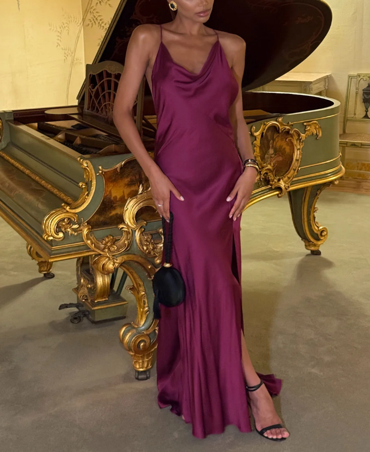 Elegant Satin Draped Backless Maxi Dress