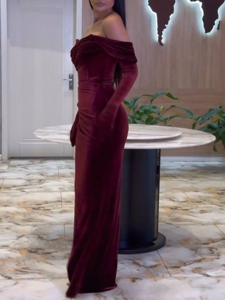 Velvet Off-Shoulder Pleated Slit Maxi Dress