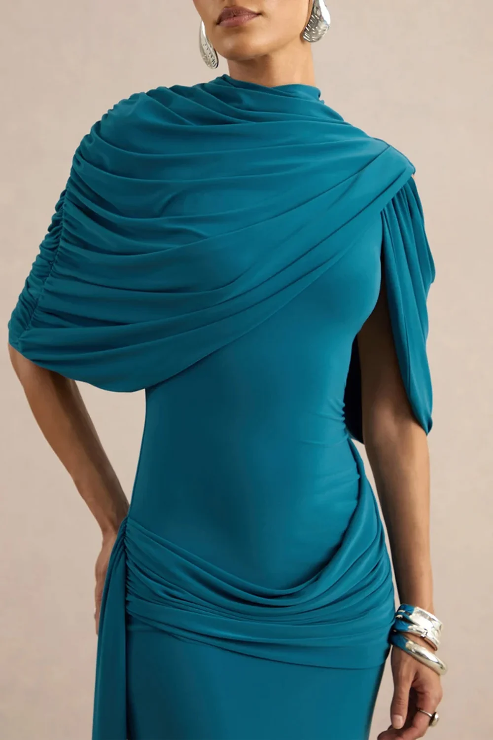 High Neck Draped Cape Asymmetric Ruched Maxi Dress with Slit [erp-image:17cbd3aedc5149a3e1010c1e]