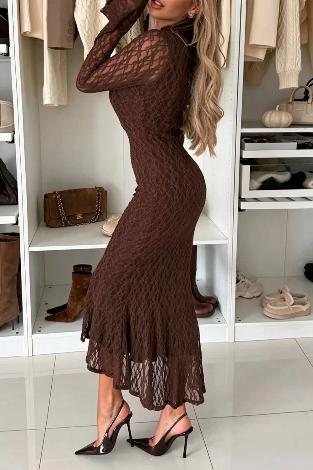 Women High Neck Long Flare Sleeve Lace Mermaid Midi Dress [erp-image:96513d0d761e204a5f9ccf7f]