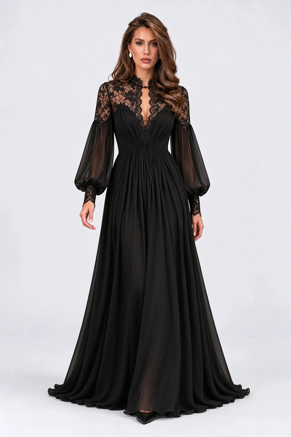 Black Lace Panel Long Lantern Sleeve Floor Length Evening Maxi Dress [erp-image:accb5b6d960bd554e1bcdf7b]