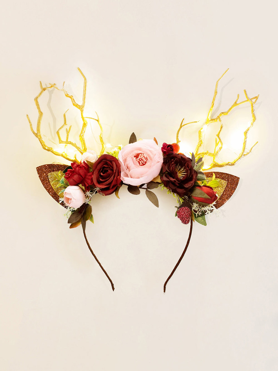 Burgundy Flower Christmas Reindeer Headband