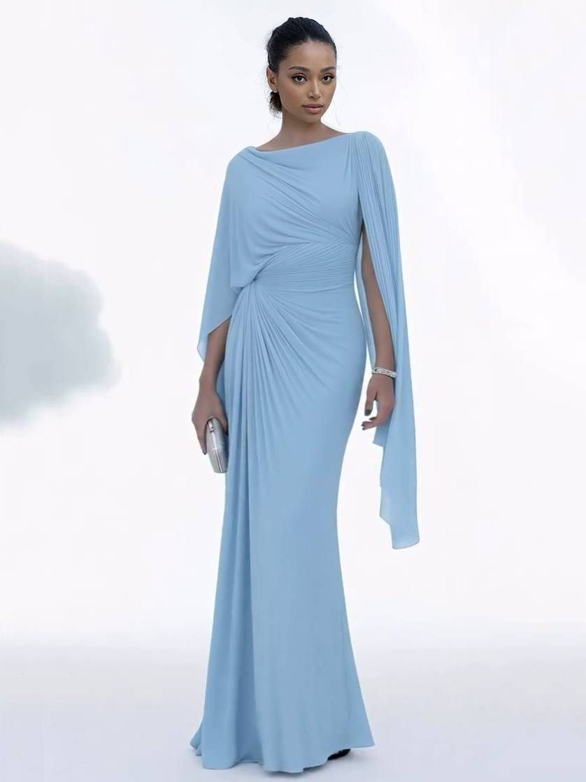 Boat Neck Pleated Slim Fit Maxi Dress