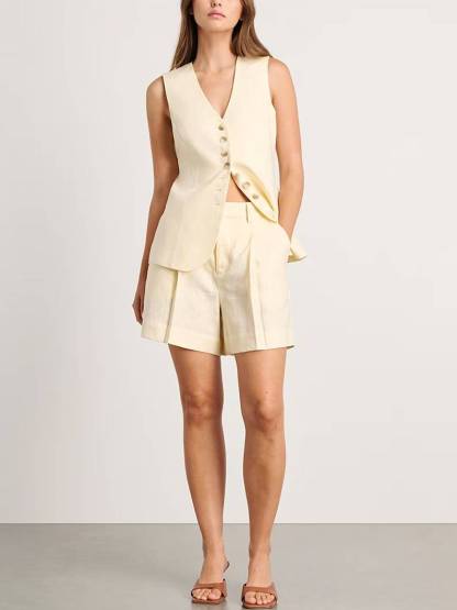 Minimalist Cotton Linen Vest And Shorts Suit