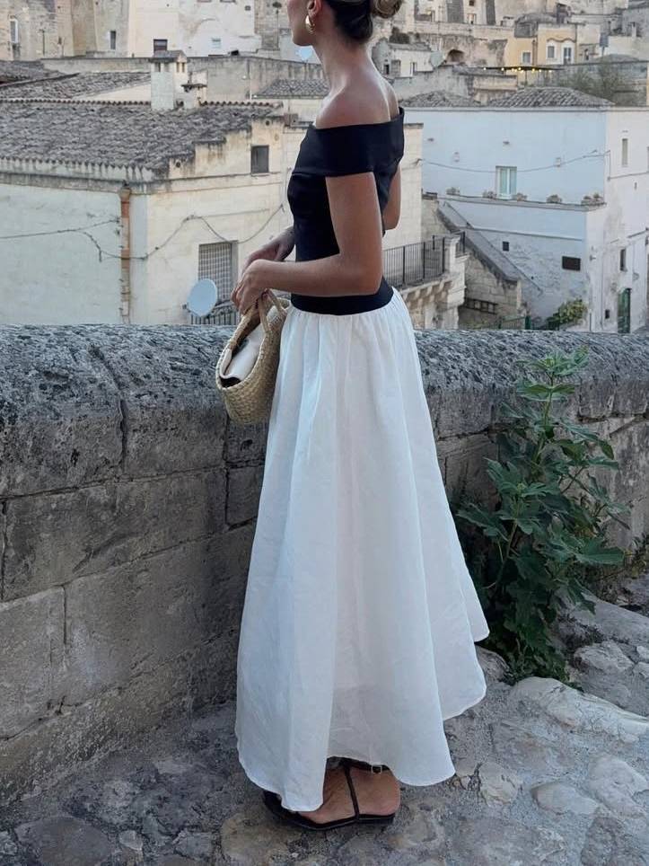 Off-shoulder Color-contrast Splicing Maxi Dress