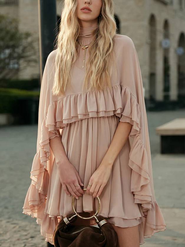 Semi-Sheer Chiffon Ruffle Cape And Mini Dress Suit