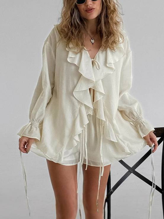 V-Neck Ruffle Shirt and Shorts Suit