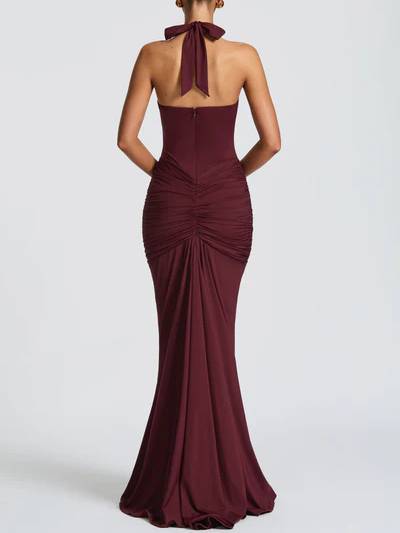 Halter Deep V-neck Pleated Maxi Dress