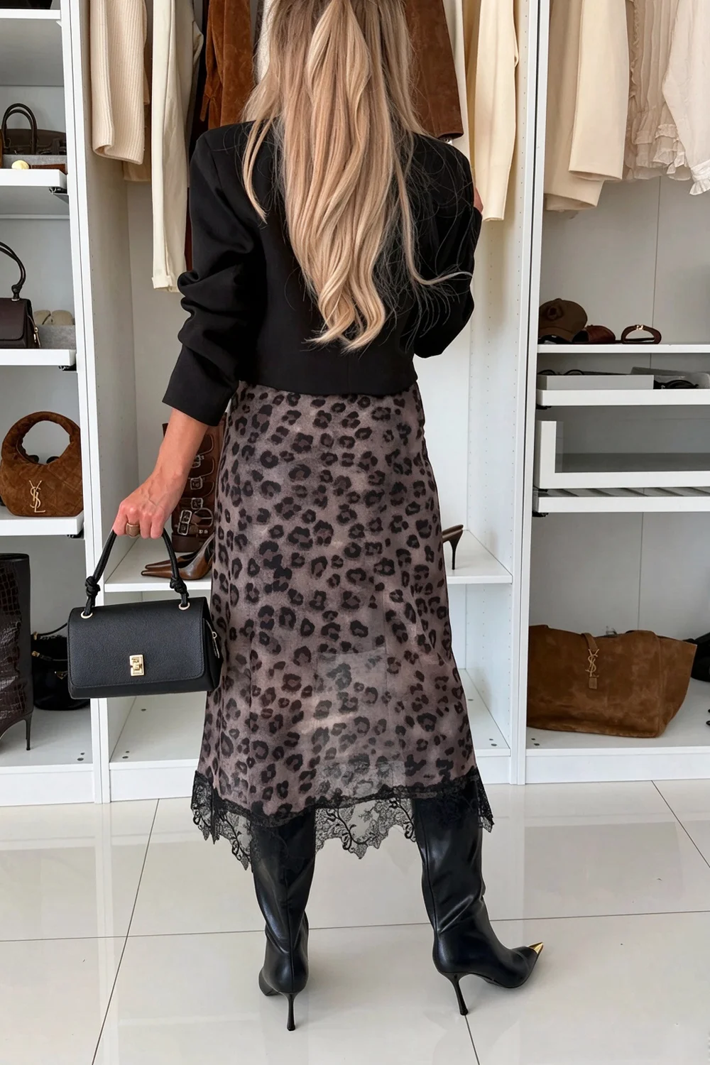 Women's Cropped Blazer and Leopard Print Lace Hem Midi Skirt Two Piece Set