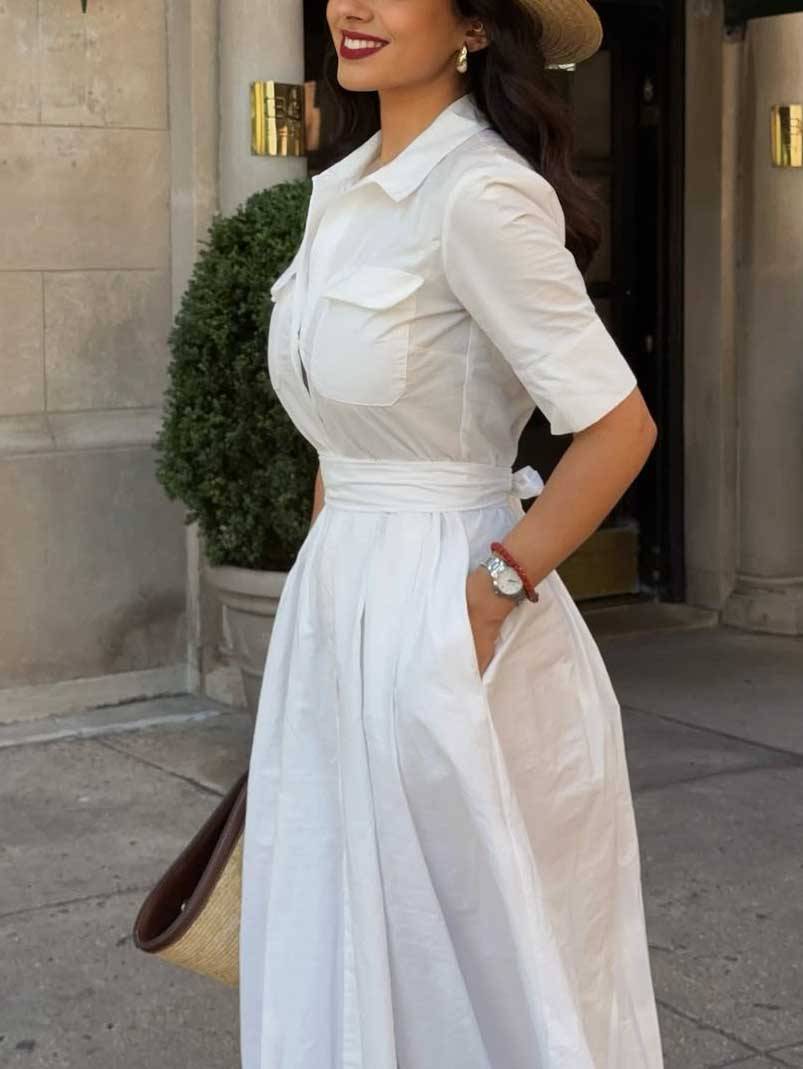 Minimalist Belt High Waist Midi Shirt Dress