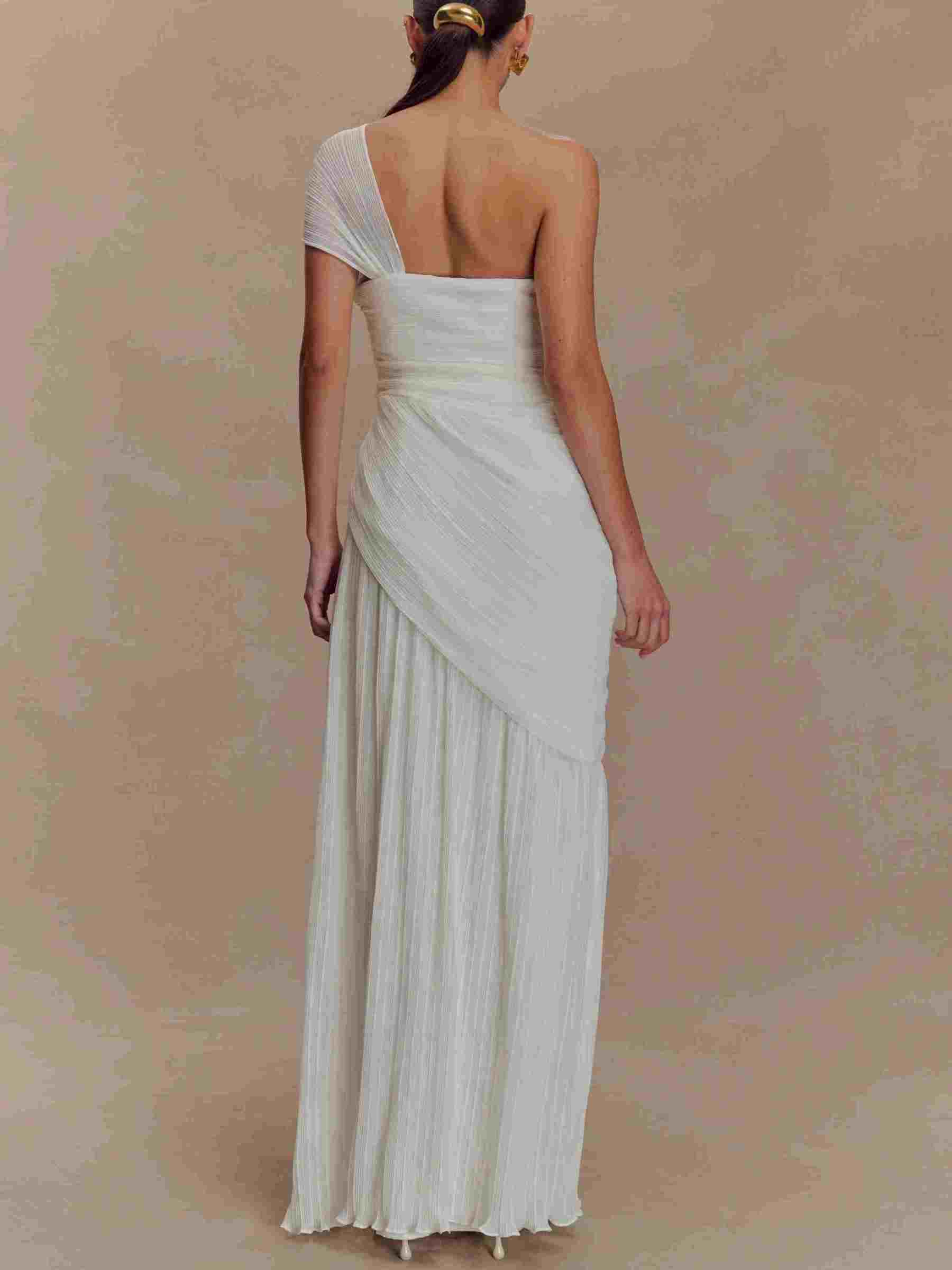 Off-shoulder Pleated Slit Maxi Dress