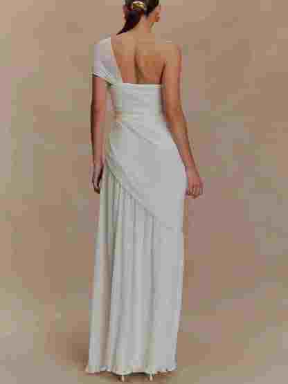 Off-shoulder Pleated Slit Maxi Dress