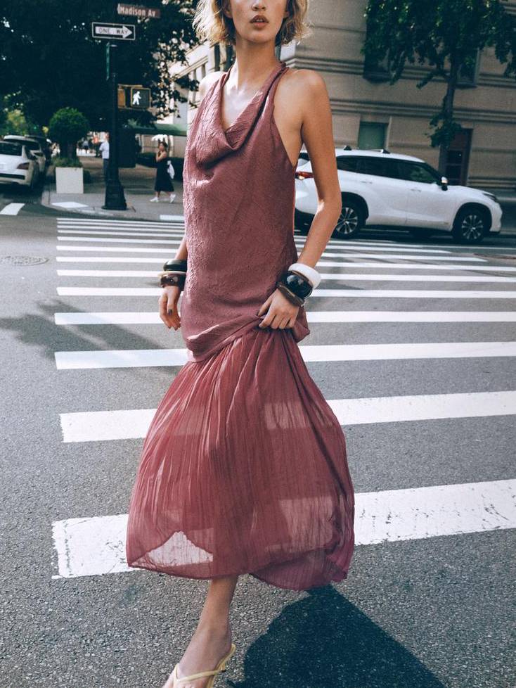 Irregular Pleated Design Swing Collar Stitching Maxi Dress