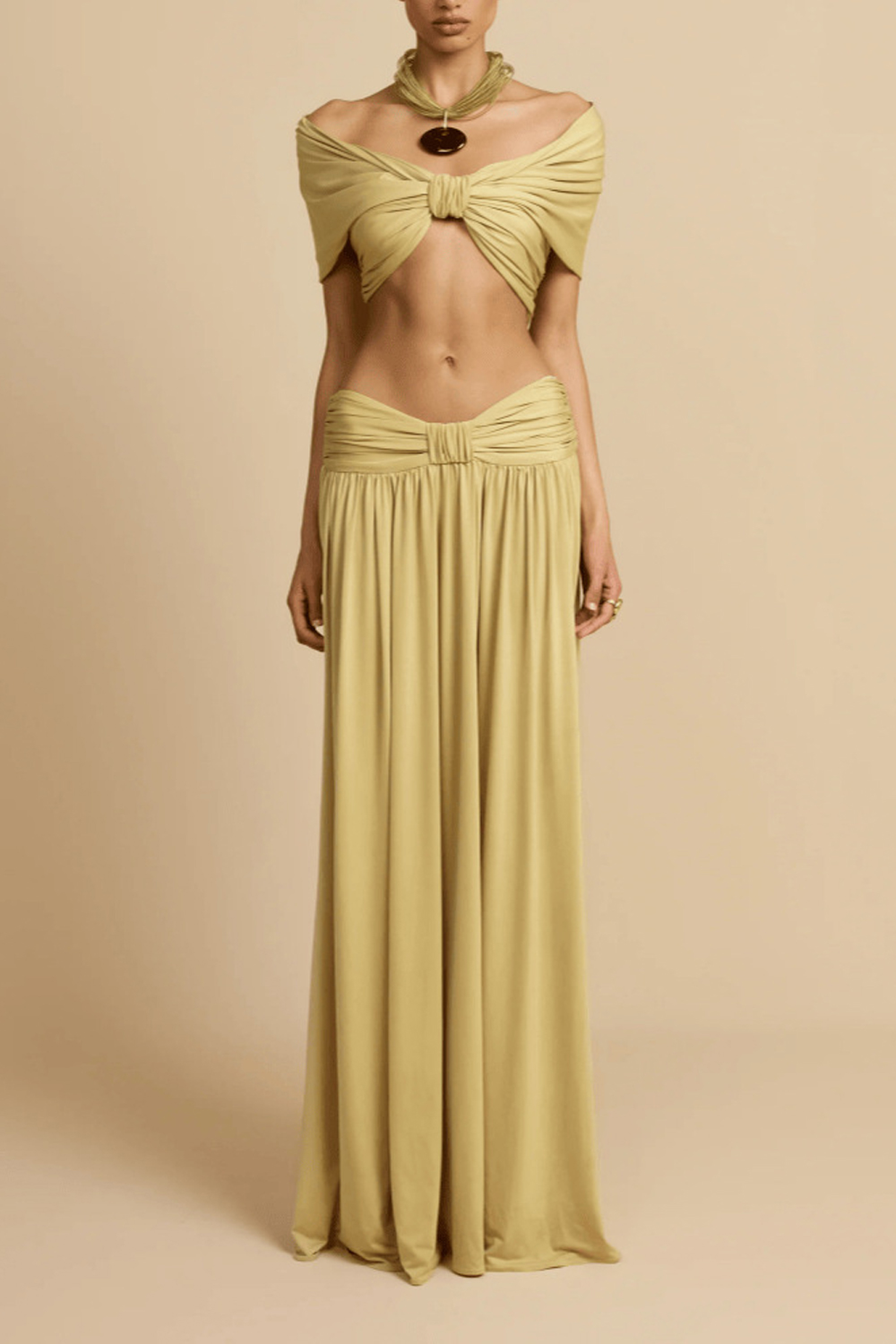 Two-piece Off-shoulder Kink Crop Top High-waist Floor-length Dress