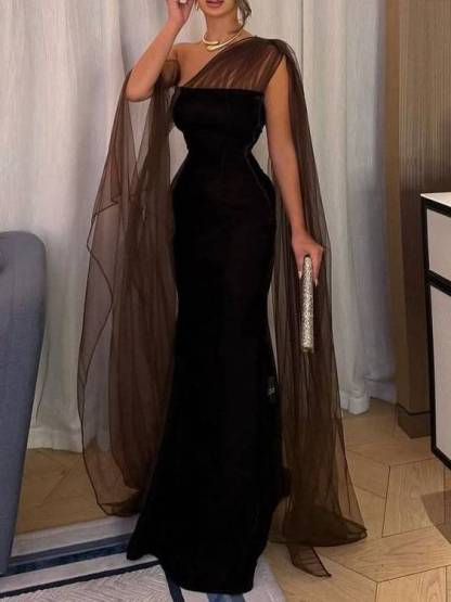 Tulle Ribbon Color Contrast Design Maxi Dress