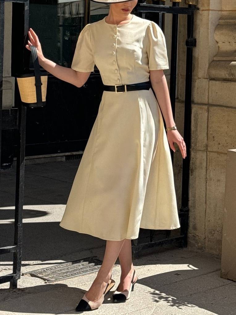 Elegant Retro Round Neck Puff Sleeve High Waist Midi Dress