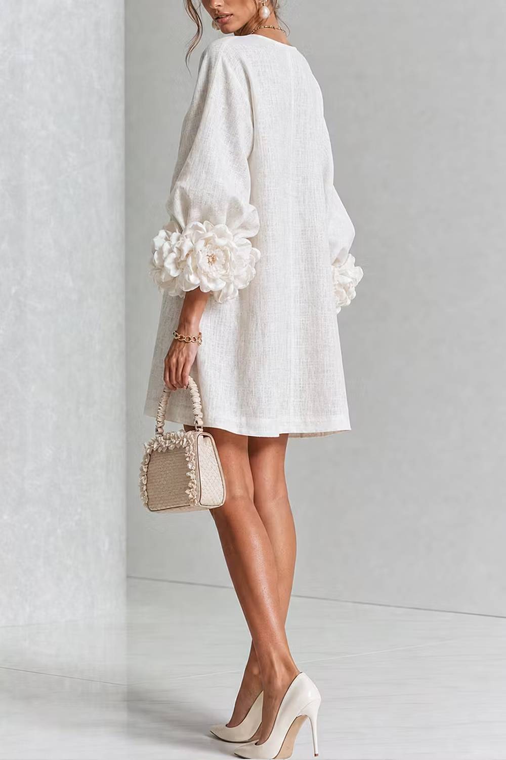 Three-dimensional Floral Cuffs, Puff Sleeves, Short Dress