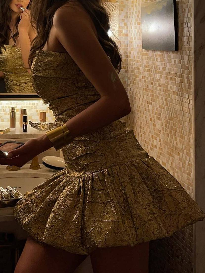 Shiny Tube Top Pleated Bud Mini Dress