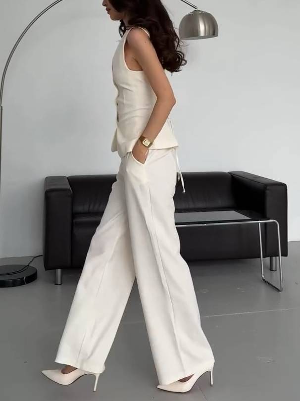 Back Lace-Up Vest And Wide Leg Pants Suit-Pants