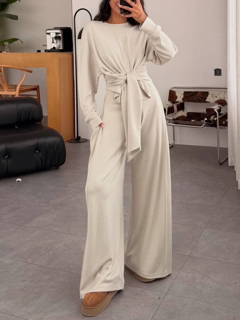 Lace-Up Design Pullover And Wide Leg Pants Suit
