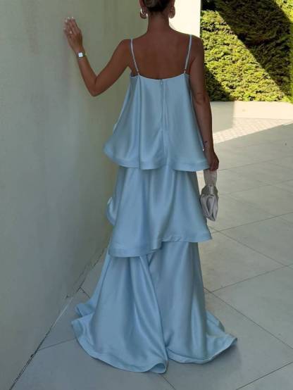 Elegant Three-layer Ruffle Sling Maxi Dress