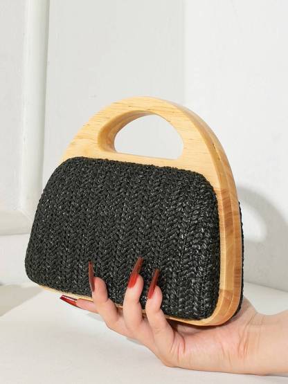 Straw and wood patchwork handbag