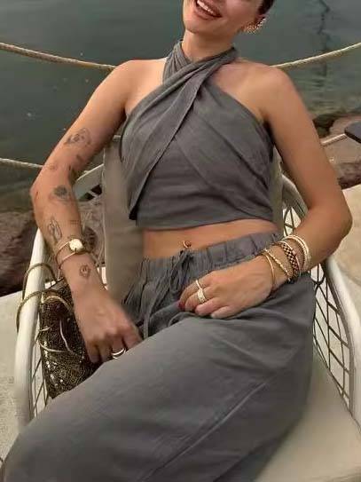 Cross Halter Tank Top And Wide Leg Pants Suit-Tank Top