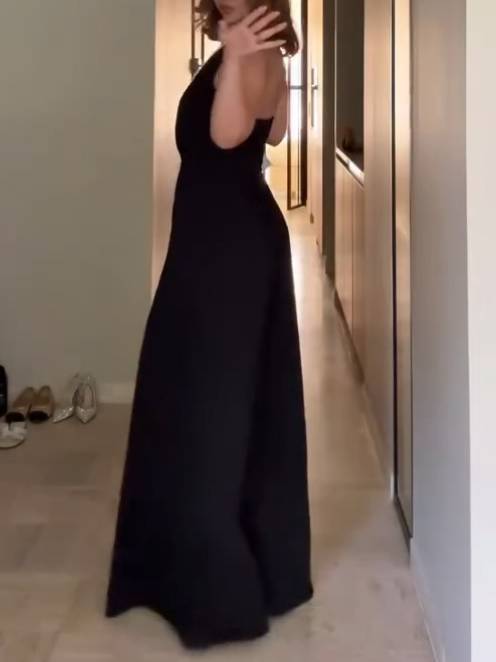 Deep V-neck Black And White Contrast Color Jumpsuit