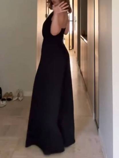 Deep V-neck Black And White Contrast Color Jumpsuit