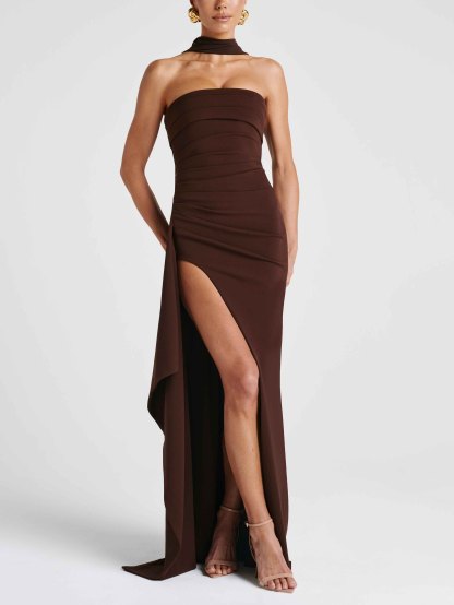 Elegant Bandeau Neck Slit Party Maxi Dress