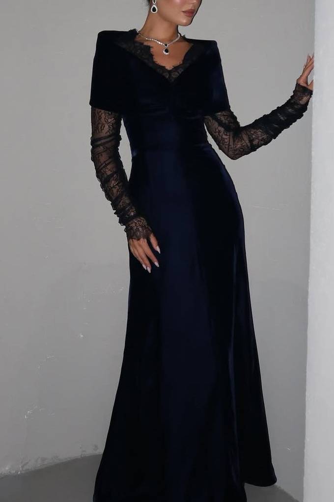 Velvet Splicing Lace Maxi Dress