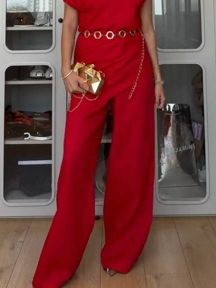 Off-shoulder Top And Wide-leg Pants Suit -Pants