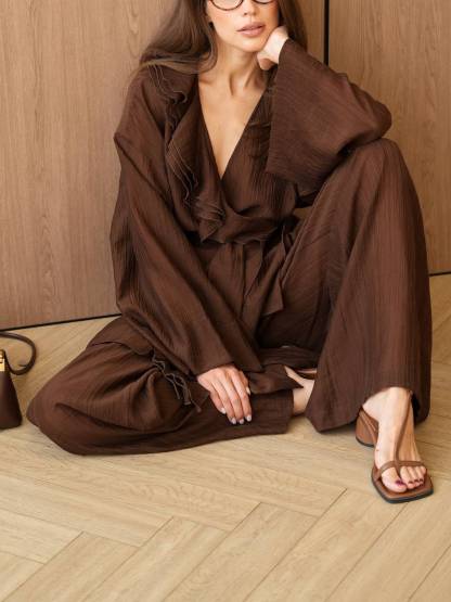Ruffled Loose Belt Shirt And Wide Leg Pants Suit-Pants