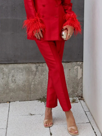 Elegant Satin Feather-embellished Double-breasted Blazer