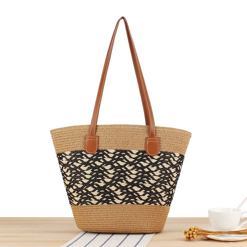 Contrast Color Straw Tote Bag
