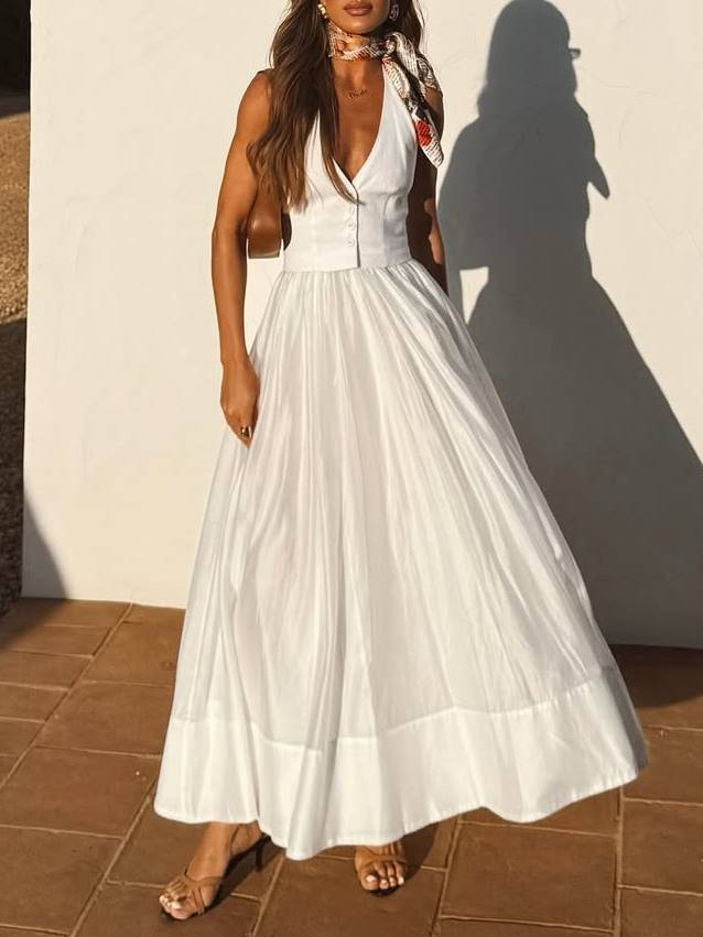 Halter Neck Backless Stitching Fake Two-piece Maxi Dress