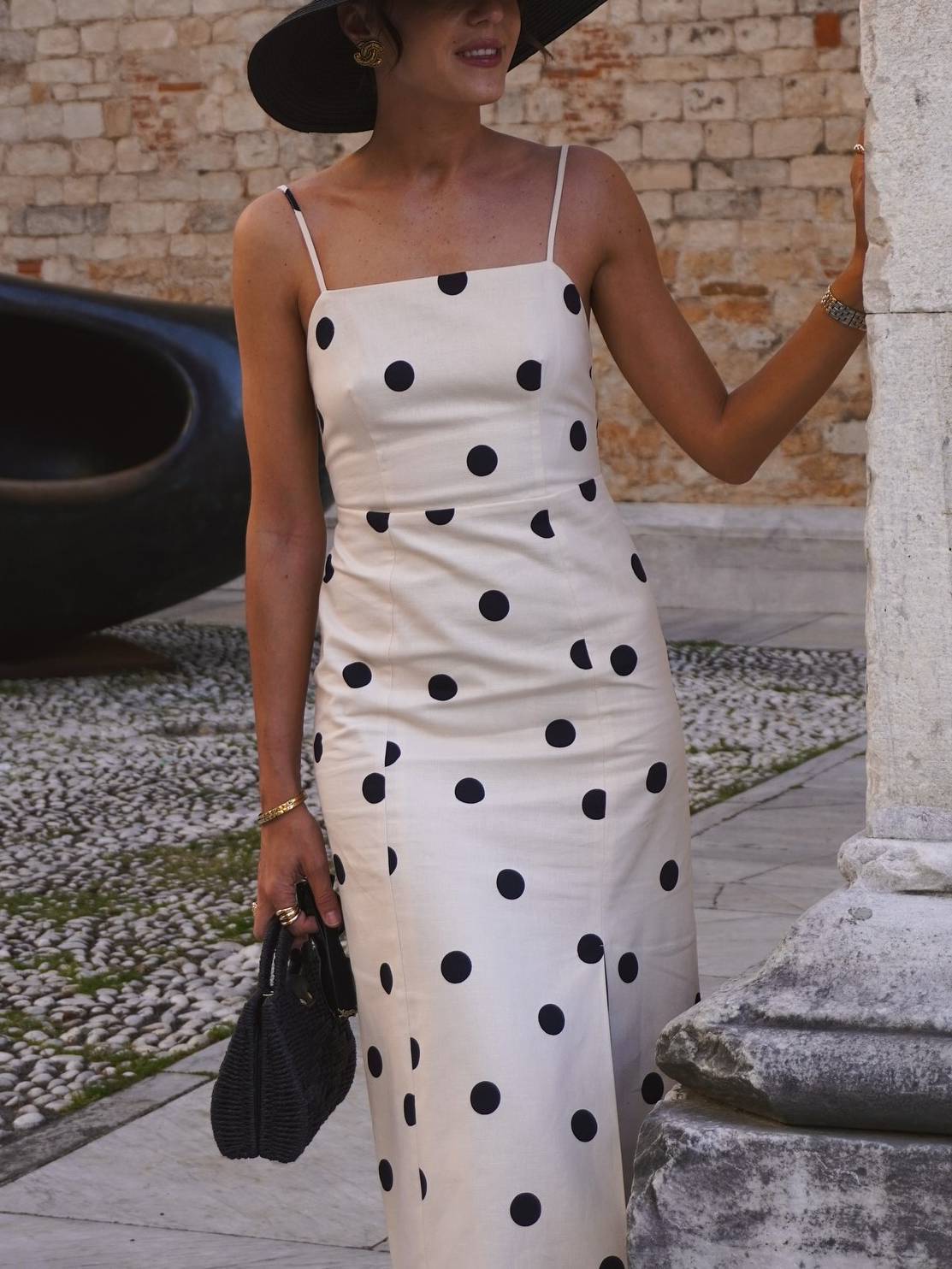 Retro Polka Dot High Waist Side Slit Midi Dress