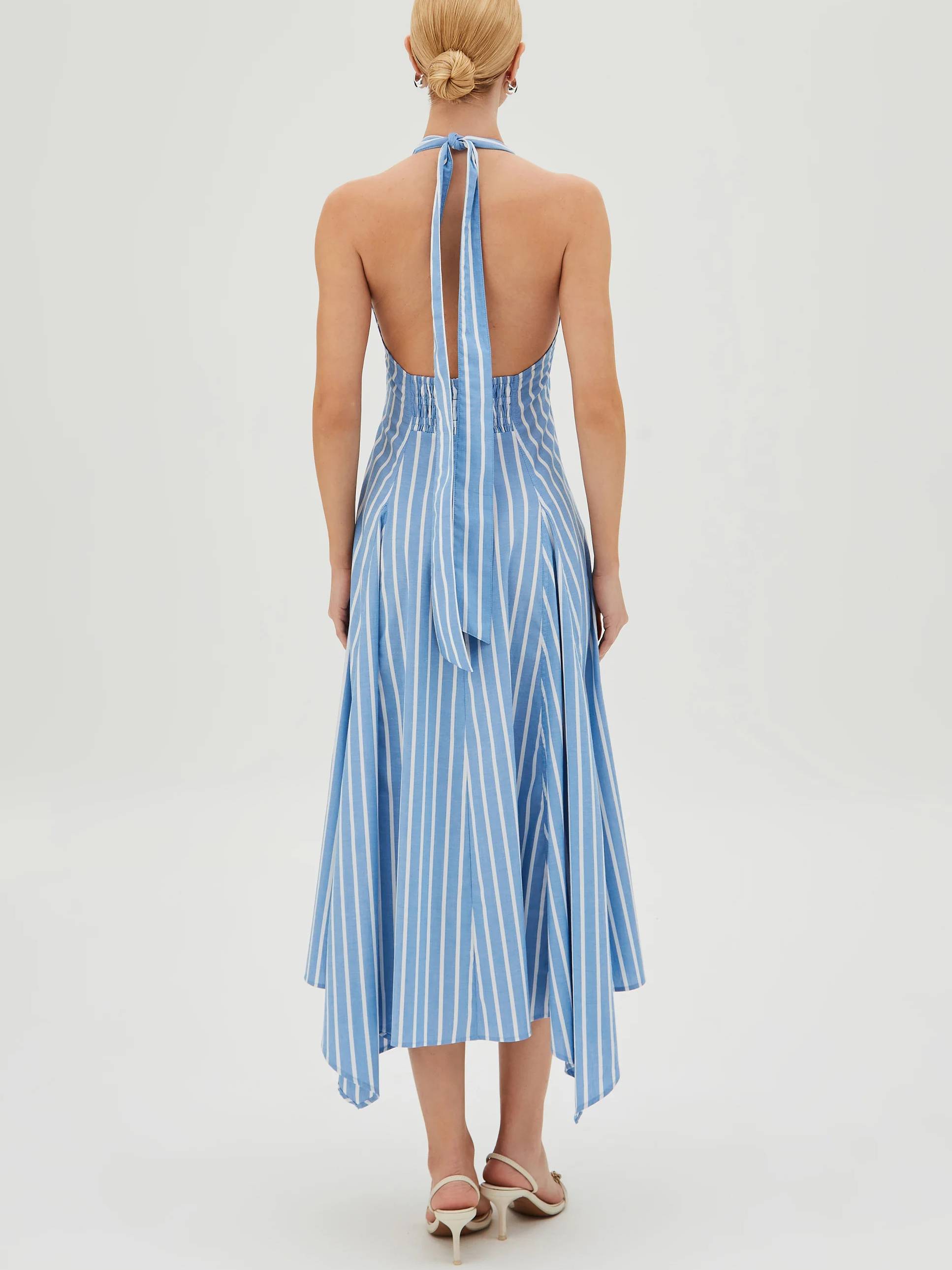 Halter Neck Backless Irregular Hem Vertical Striped Dress