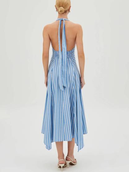 Halter Neck Backless Irregular Hem Vertical Striped Dress