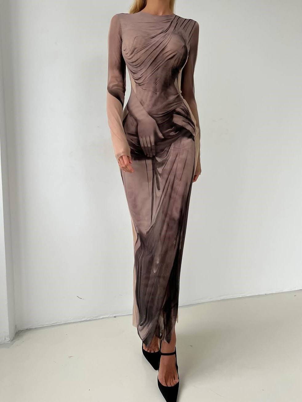 Printed Side Slit Long-Sleeved Maxi Dress