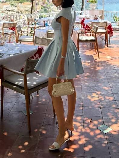 V-neck Short Sleeve High Waist A- Line Mini Dress