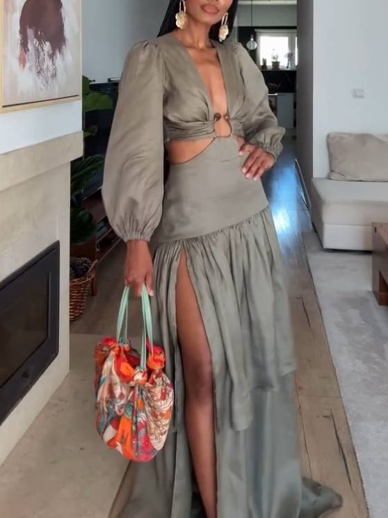 Hollow Out Side Slit Bubble Sleeve Maxi Dress