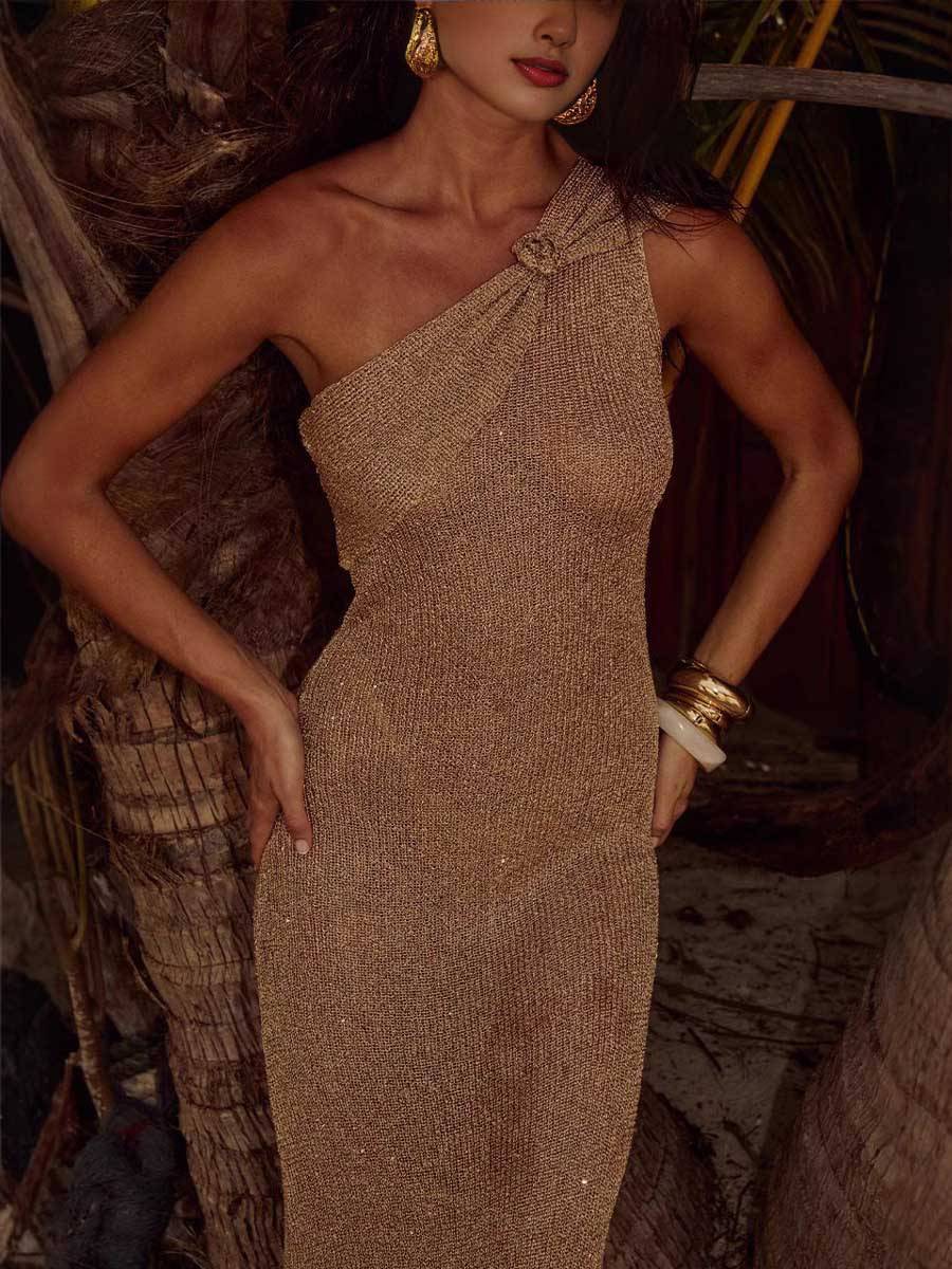 Shiny Off-Shoulder Slim Fit Maxi Dress