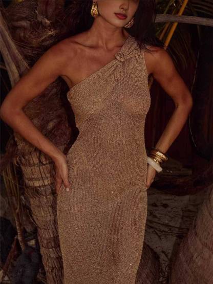 Shiny Off-Shoulder Slim Fit Maxi Dress