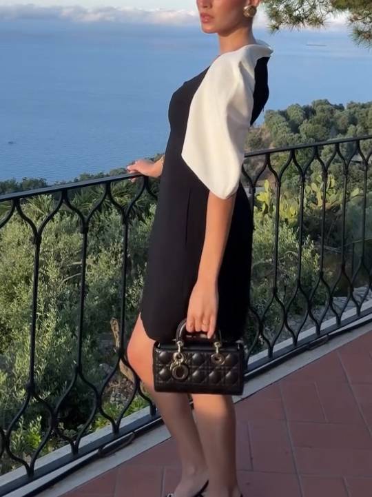 Elegant Black And White Color Contrast Mini Dress