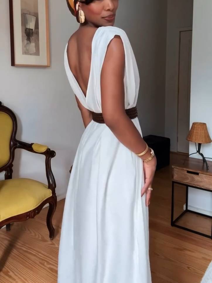 V-neck Loose Dress And Wide Leg Pants Suit (Belt Not Included)