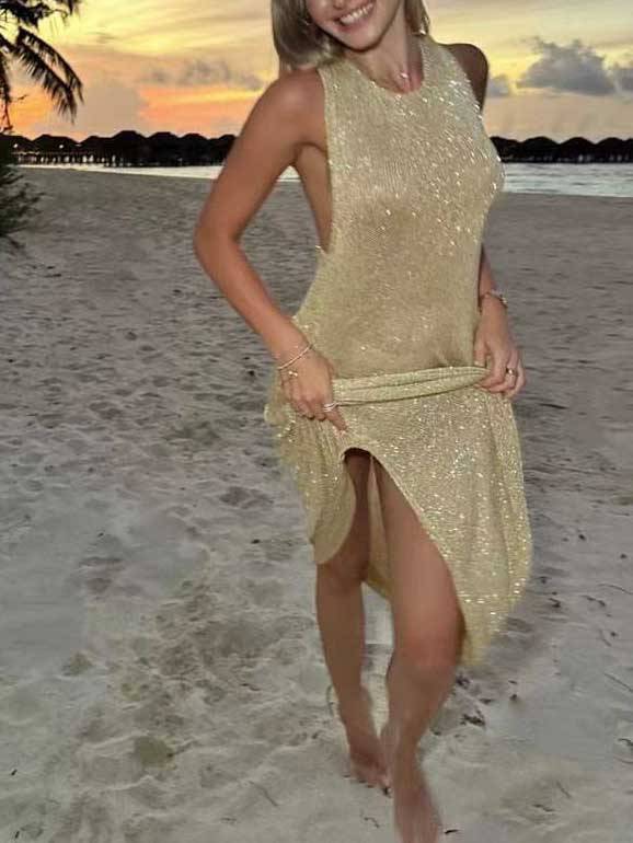 Shiny Material Backless Maxi Dress