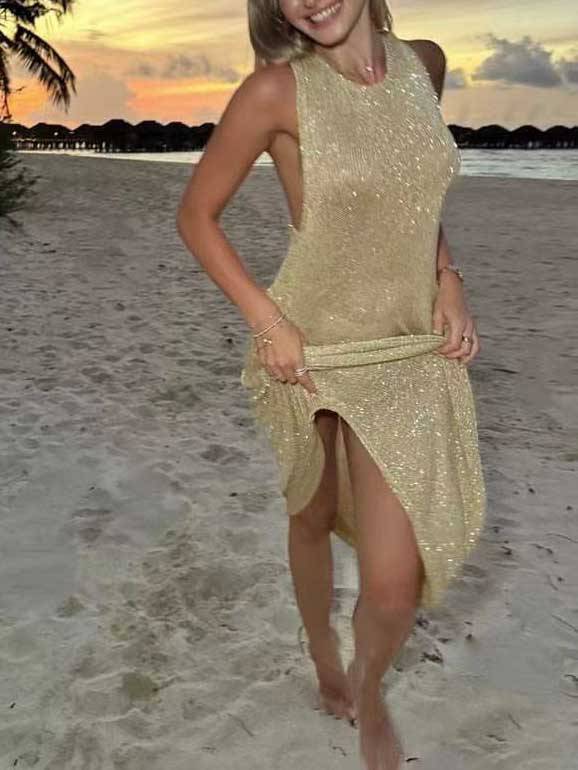 Shiny Material Backless Maxi Dress