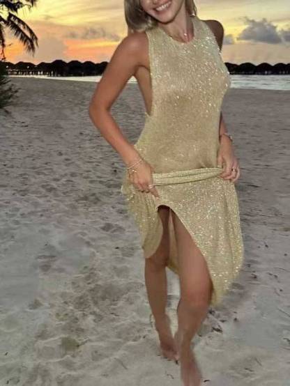 Shiny Material Backless Maxi Dress