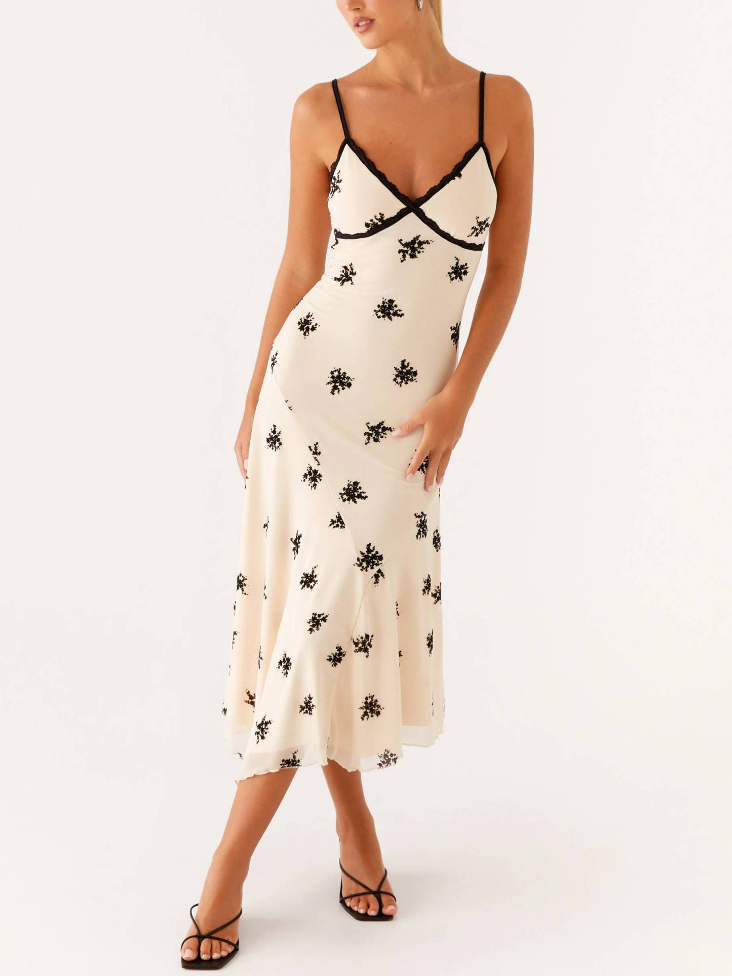 Lace-edged Floral Sling Midi Dress